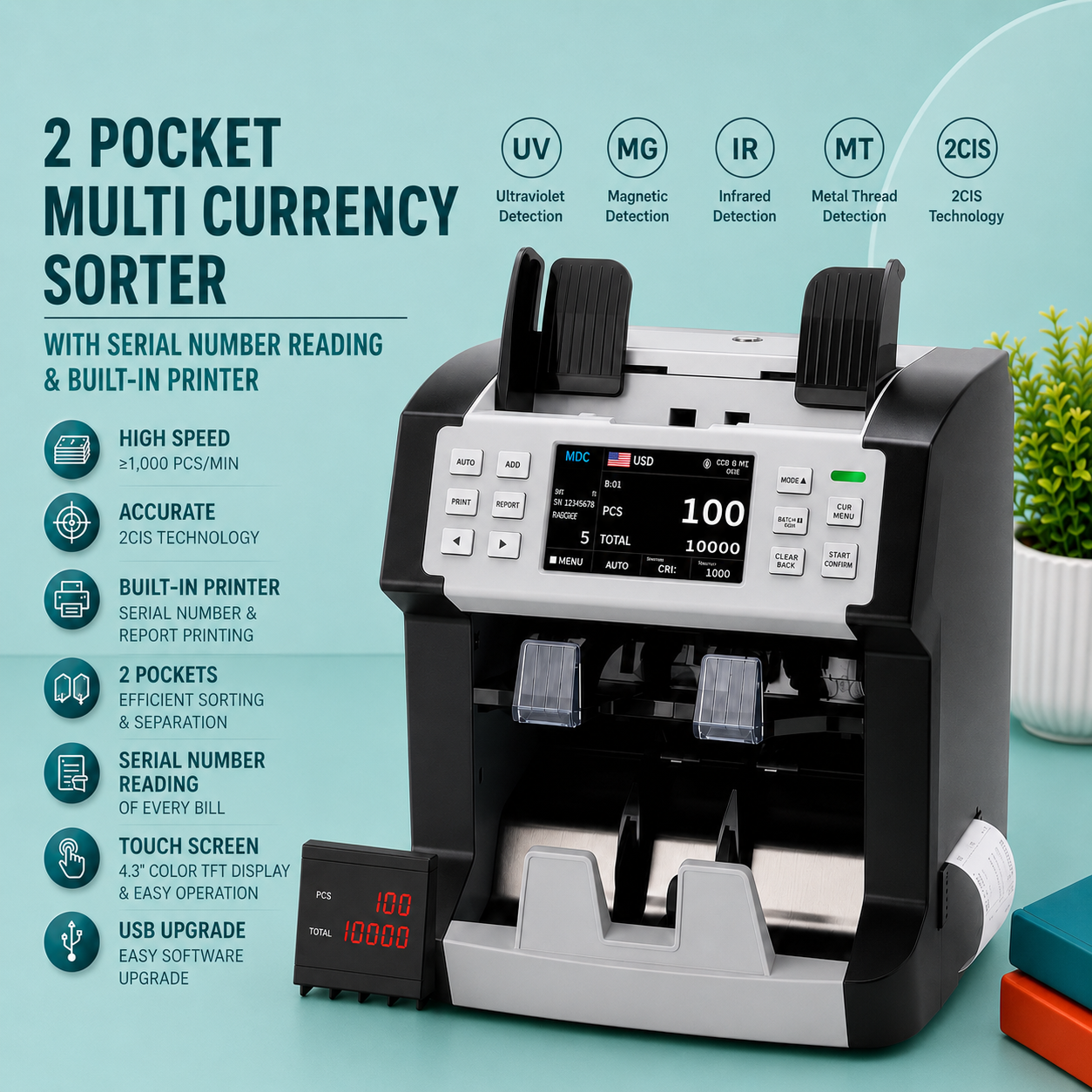 2 Pocket Mix Cash Counter with Serial Number Reading and Build in Printer Model DL- 6858