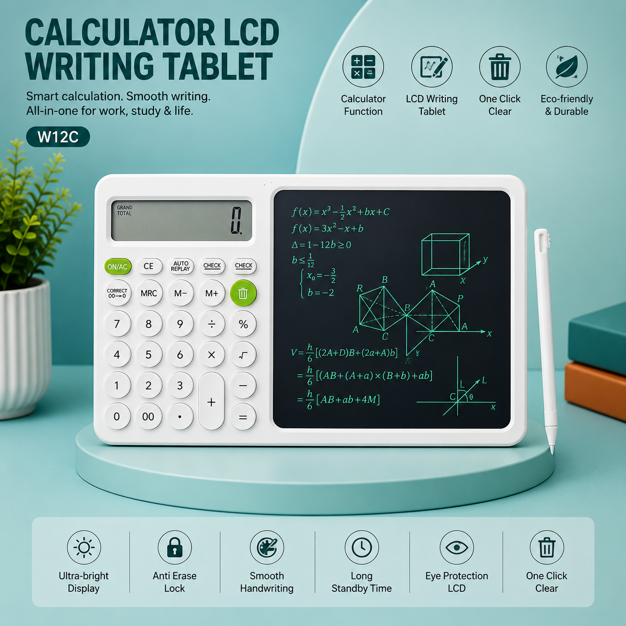 2-in-1 Calculator with LCD Writing Tablet – Perfect for Students, Shops & Office