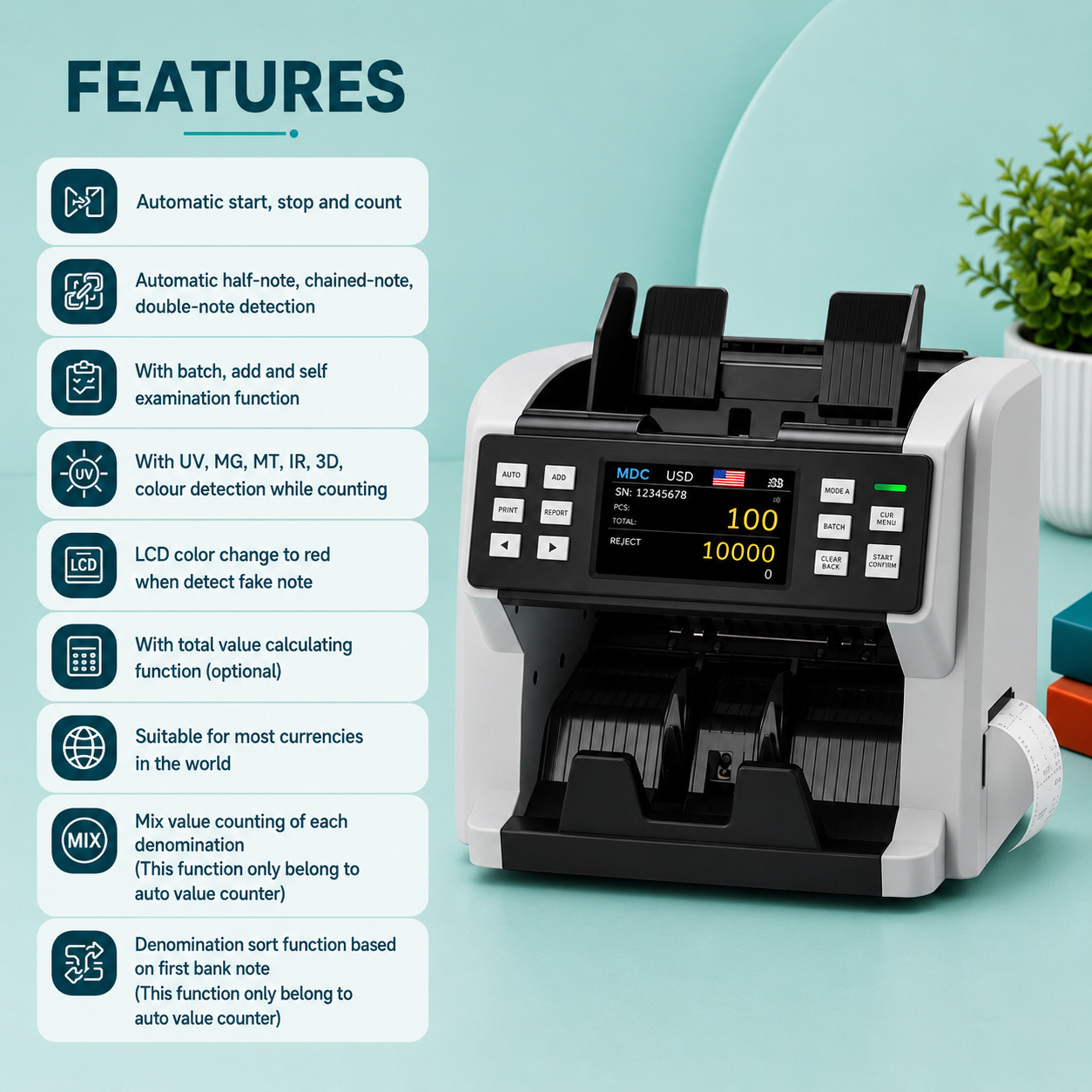 Front Loading Mix Value Cash Counting Machine with SN Reading and Printer Model DL- 6878