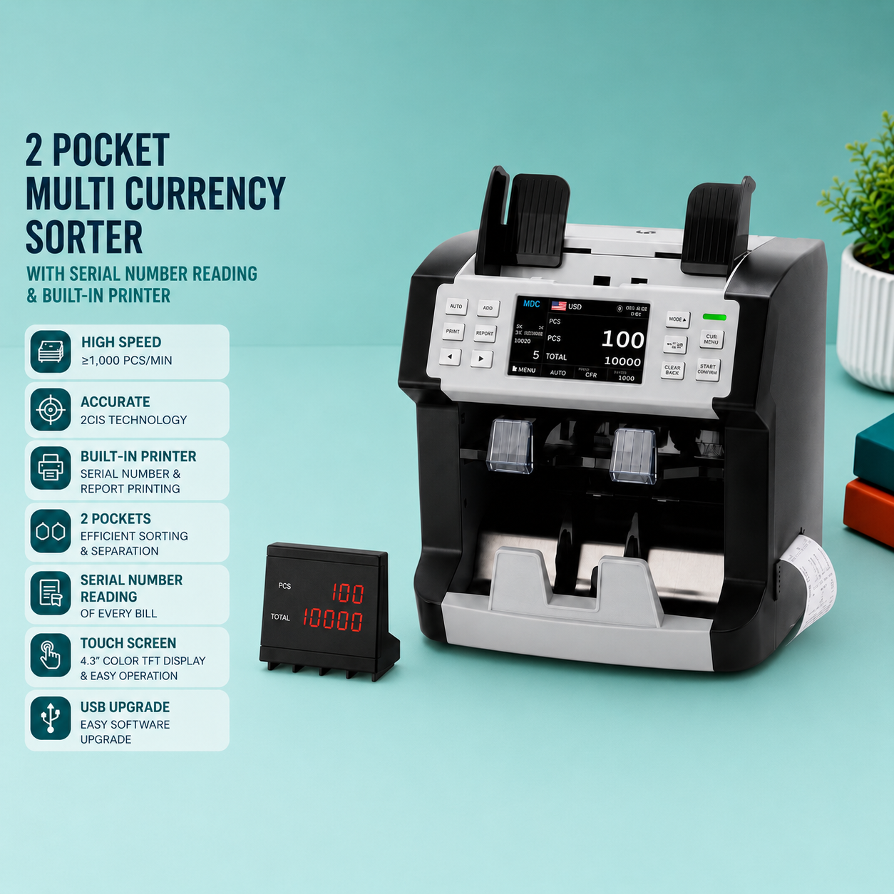 2 Pocket Mix Cash Counter with Serial Number Reading and Build in Printer Model DL- 6858