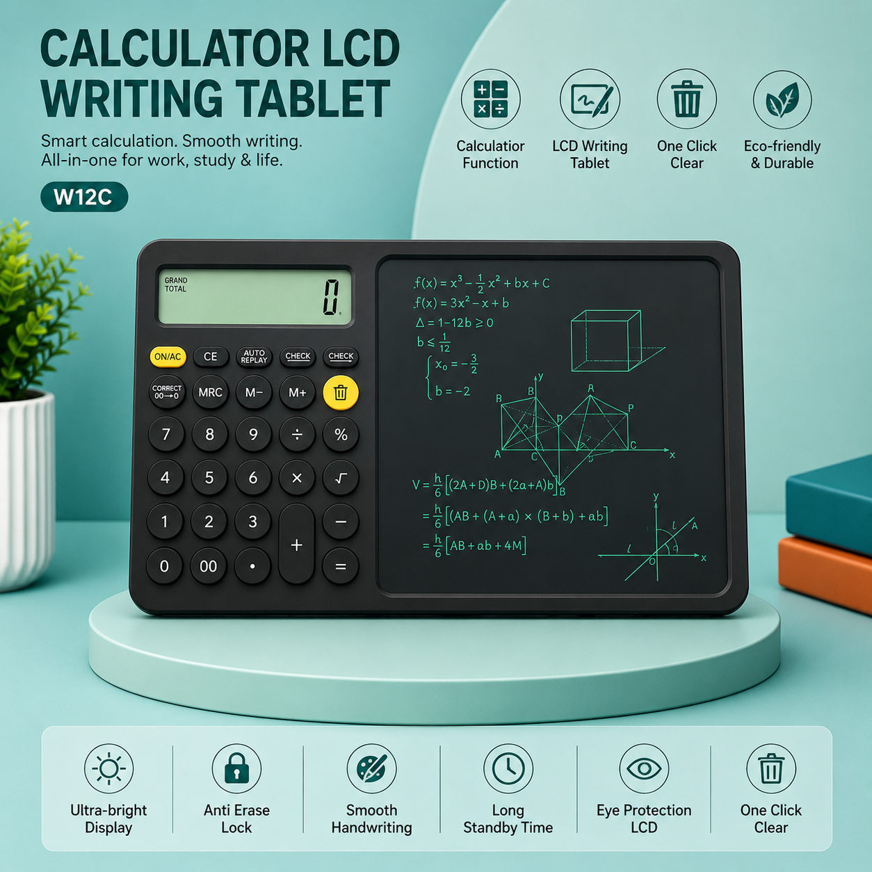 2-in-1 Calculator with LCD Writing Tablet – Perfect for Students, Shops & Office